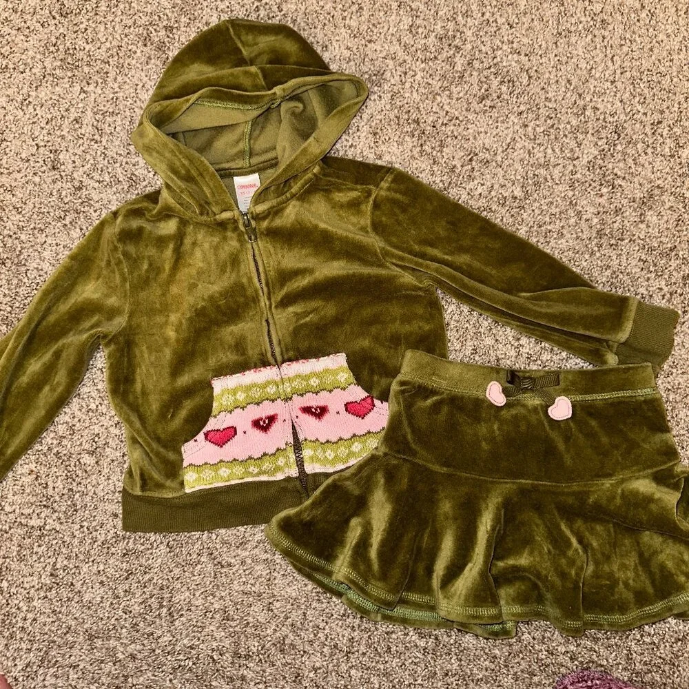 Gymboree GINGERBREAD GIRL FAIR ISLE green zip velour cardigan & skirt sz 3-4 XS